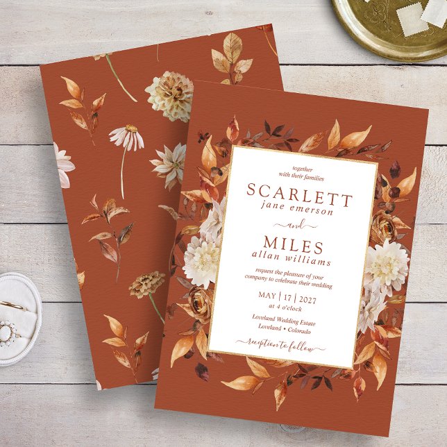 Invitation Mariage Floral Aquarelle Terracotta Copper Fall (Copper Fall Terracotta Watercolor Floral Wedding Invitation by Painted Paperie
)