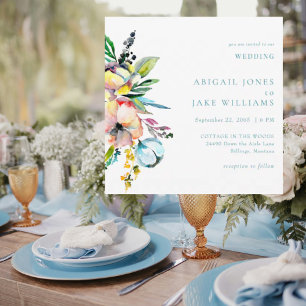 Invitation Mariage Floral Aquarelle Turquoise Carré Été