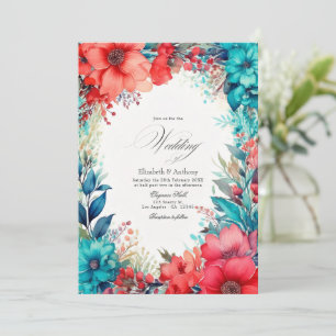 Invitation Mariage Floral Aquarelle Turquoise et Corail