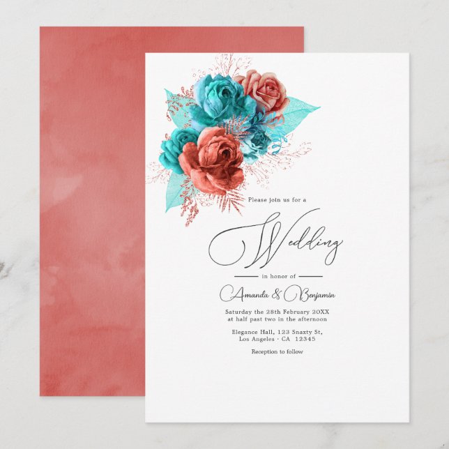 Invitation Mariage floral aquarelle turquoise et corail (Devant / Derrière)
