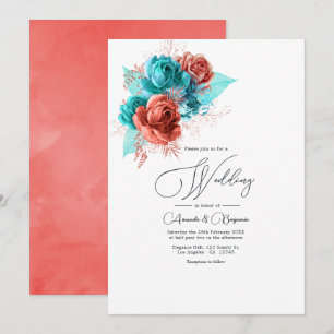 Invitation Mariage floral aquarelle turquoise et corail