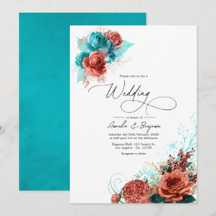 Invitation Mariage Floral Aquarelle Turquoise et Corail