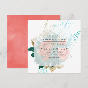 Invitation Mariage Floral Aquarelle Turquoise et Corail
