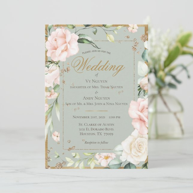 Invitation Mariage Floral Aquarelle Vert Élégant Rose (Debout devant)