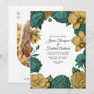 Invitation Mariage floral aquarelle vert émeraude et or