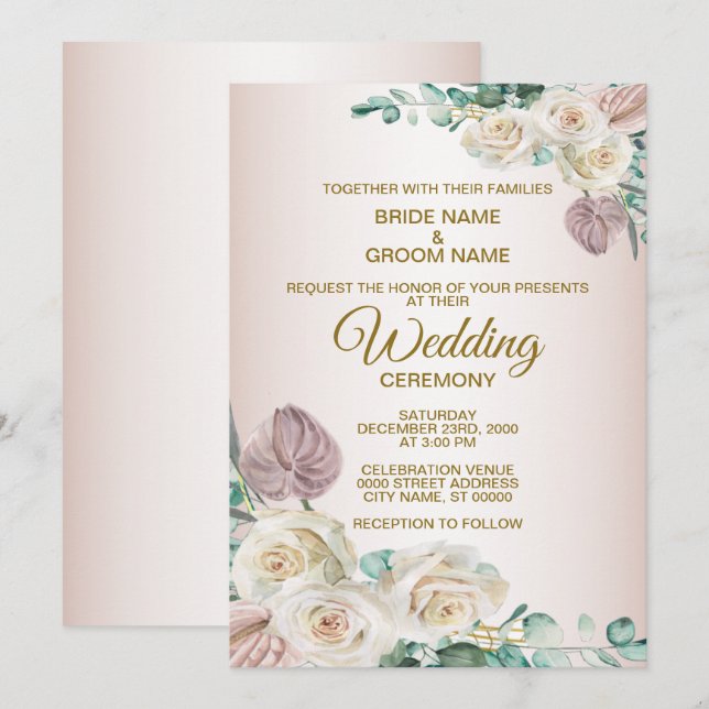 Invitation Mariage Floral Aquarelle Vert Foncé Rose Blanc (Devant / Derrière)