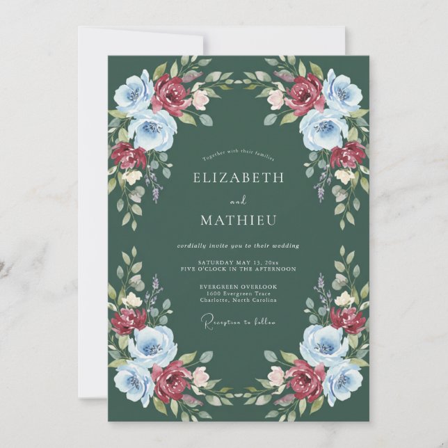 Invitation Mariage Floral Aquarelle Vert Forêt (Devant)