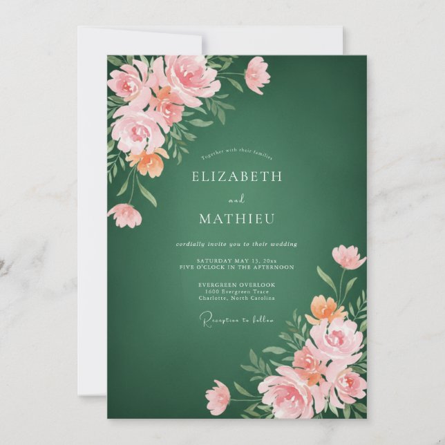 Invitation Mariage Floral Aquarelle Vert Forêt Rose (Devant)