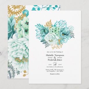Invitation Mariage floral aquarelle vert menthe et or