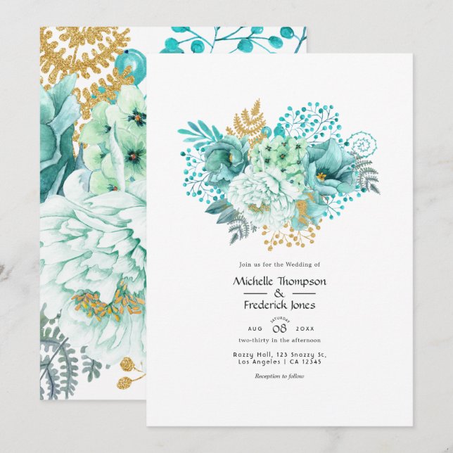 Invitation Mariage floral aquarelle vert menthe et or (Devant / Derrière)