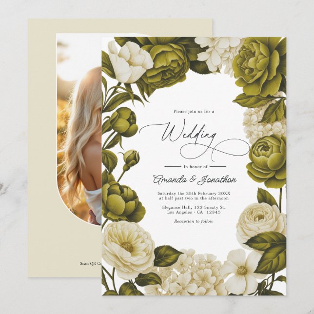 Invitation Mariage Floral Aquarelle Vert Olive et Crème (Devant / Derrière)