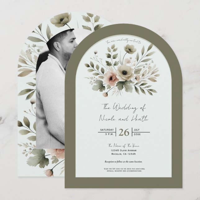 Invitation Mariage floral aquarelle vert olive kaki (Devant / Derrière)