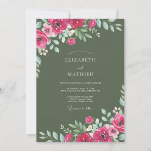 Invitation Mariage Floral Aquarelle Vert Olive Magenta