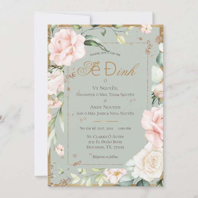 Invitation Mariage floral aquarelle vert sauge rose (Devant)