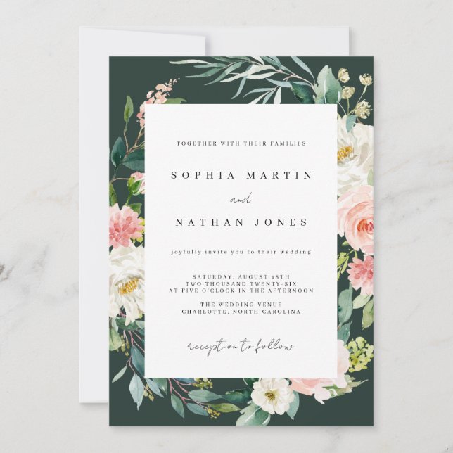 Invitation Mariage floral aquarelle verte délicate de printem (Devant)