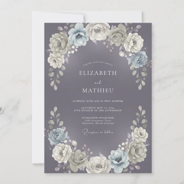 Invitation Mariage Floral Aquarelle Violet Ardoise (Devant)