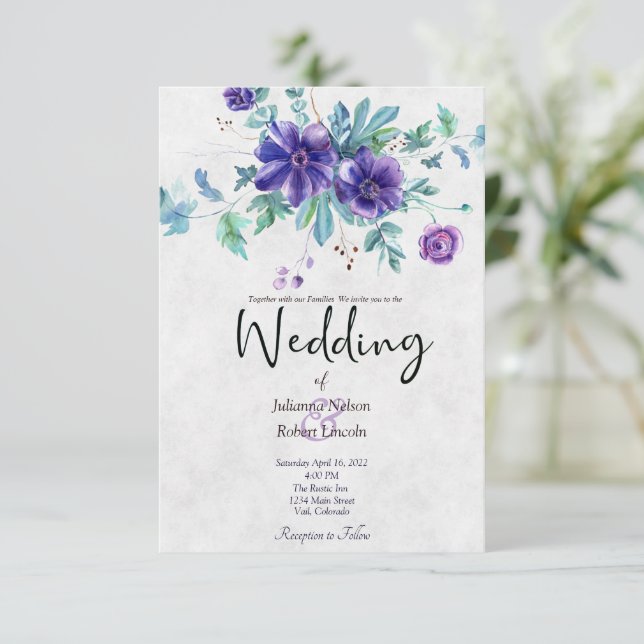 Invitation Mariage floral aquarelle violet Budget  (Debout devant)