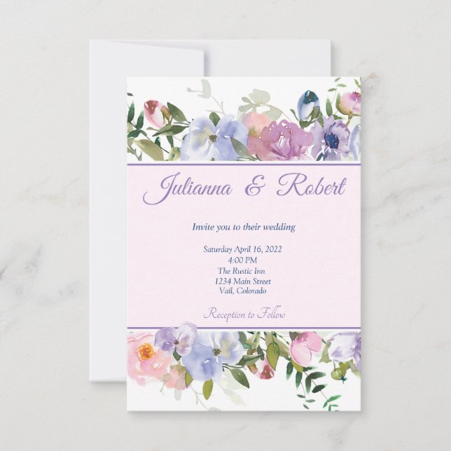 Invitation Mariage floral aquarelle violet et bleu (Devant)