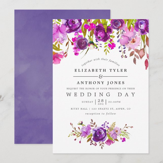 Invitation Mariage floral aquarelle violet et pourpre (Devant / Derrière)
