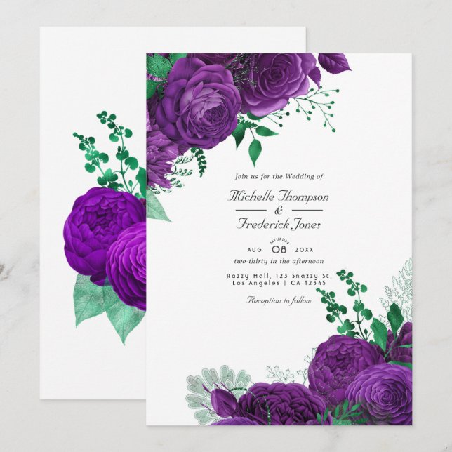 Invitation Mariage floral aquarelle violet et vert (Devant / Derrière)