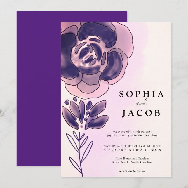 Invitation Mariage Floral Aquarelle Violet Or Rose (Devant / Derrière)
