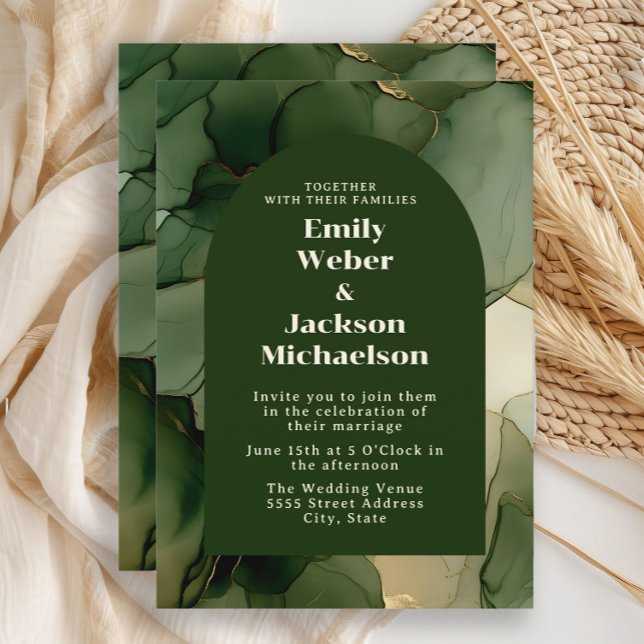 Invitation Mariage Floral Arc Émeraude Vert Olive Or  (Emerald and olive green wedding invitation)