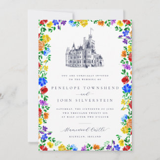 Invitation Mariage Floral Arc-en-Ciel Château Élégant Vintage