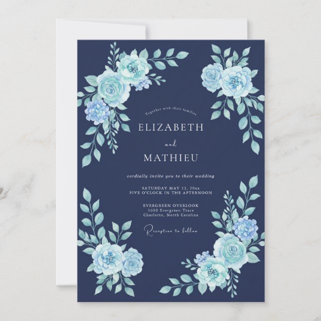 Invitation Mariage Floral Arctique Bleu Marine (Devant)