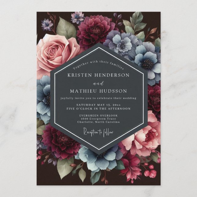 Invitation Mariage Floral Ardoise Bourgogne (Devant)