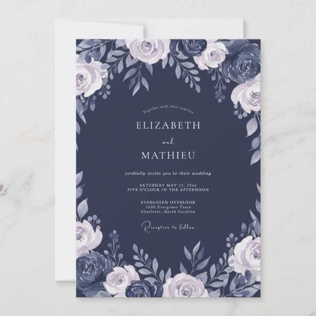 Invitation Mariage Floral Ardoise de Minuit (Devant)