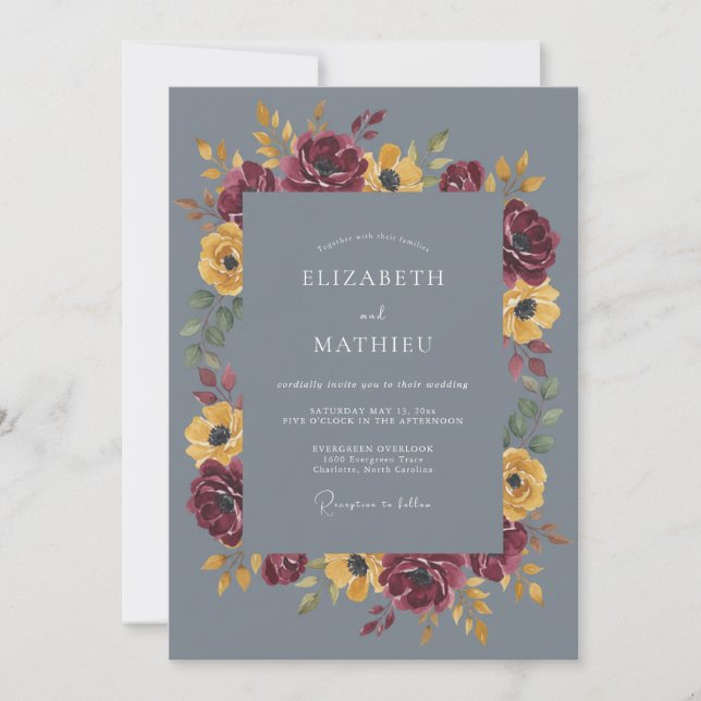 Invitation Mariage Floral Ardoise Jaune Bourgogne (Devant)