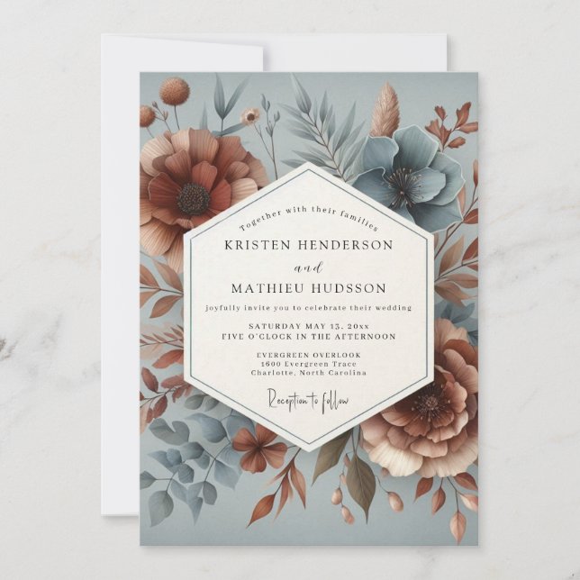 Invitation Mariage Floral Ardoise & Terre de Sienne Brûlée (Devant)