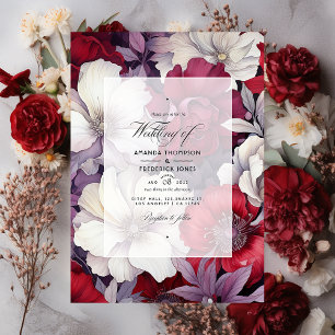Invitation Mariage floral argent, blanc et rouge profond