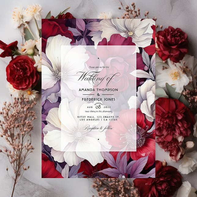 Invitation Mariage floral argent, blanc et rouge profond (Créateur téléchargé)
