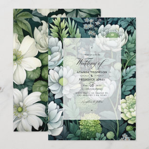 Invitation Mariage floral argent, blanc et vert forêt