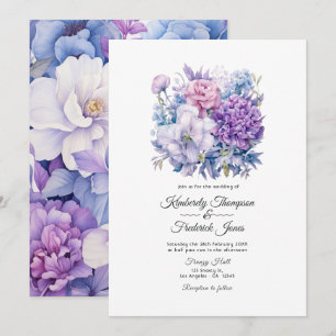 Invitation Mariage floral argent, bleu glacé et lilas