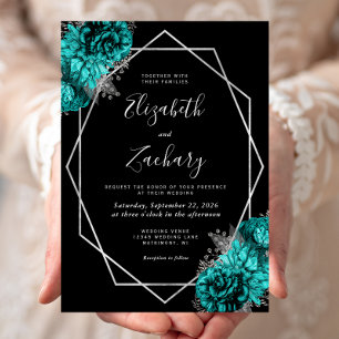 Invitation Mariage floral argent bleu sarcelle noir