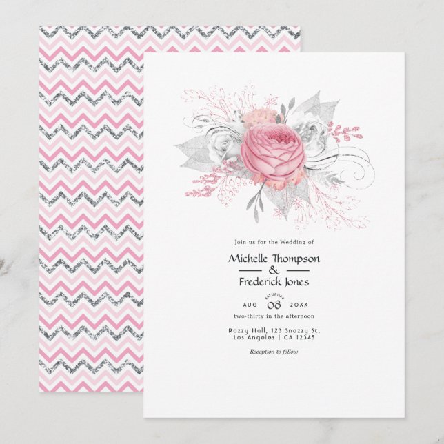 Invitation Mariage floral argent et rose pâle avec papier d'a (Devant / Derrière)