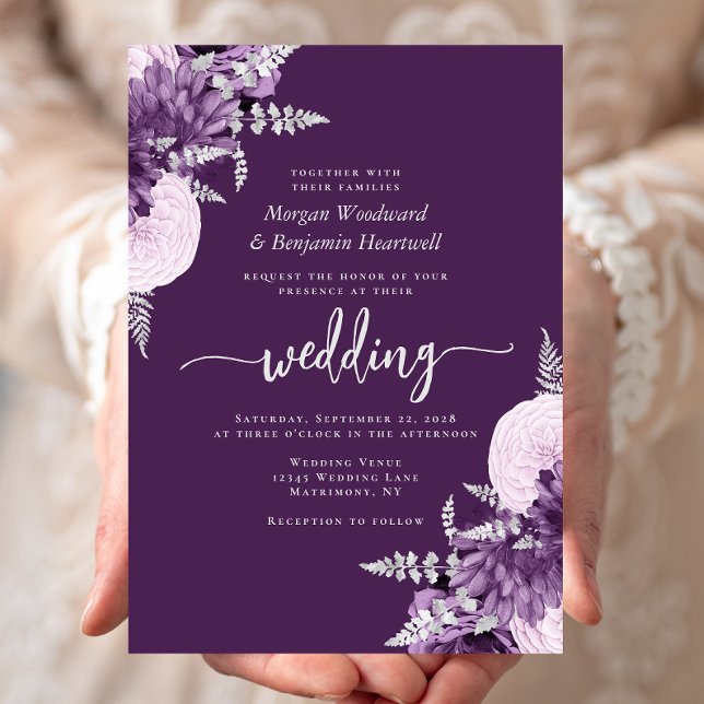 Invitation Mariage Floral Argent Lilas Pourpre (Créateur téléchargé)