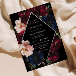 Invitation Mariage Floral Argent Navy Noir Burgundy Blush