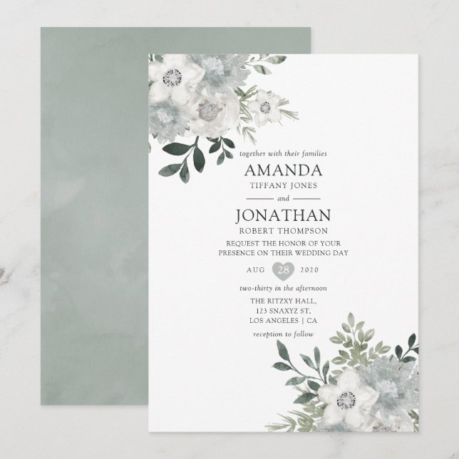 Invitation Mariage Floral Argenté Aquarelle (Devant / Derrière)