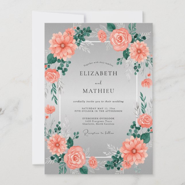Invitation Mariage Floral Argenté et Corail Radiant (Devant)