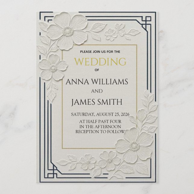 Invitation Mariage Floral Art Déco en Relief (Devant)