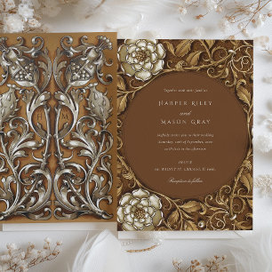 Invitation Mariage Floral Art Nouveau Beige Élégant
