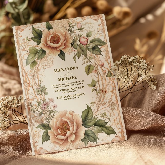 Invitation Mariage Floral Art Nouveau Rose Vert (Créateur téléchargé)