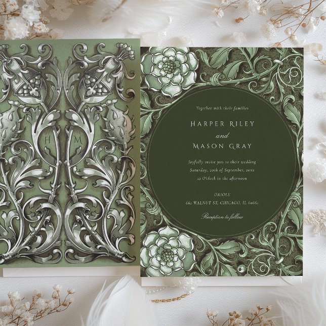 Invitation Mariage floral Art Nouveau vert Muet (Créateur téléchargé)