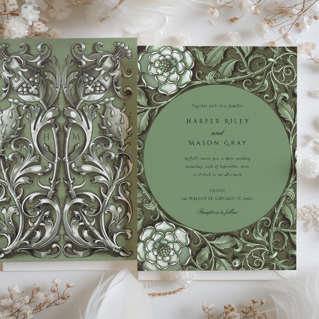 Invitation Mariage floral Art Nouveau vert Muet (Créateur téléchargé)
