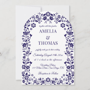 Invitation Mariage Floral Art Populaire Bleu 