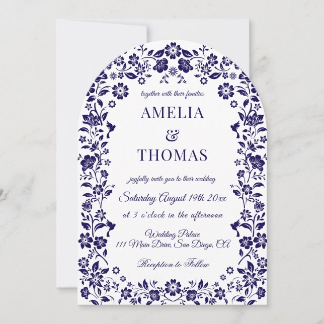 Invitation Mariage Floral Art Populaire Bleu  (Devant)