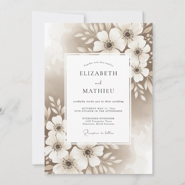 Invitation Mariage Floral Artistique Beige (Devant)